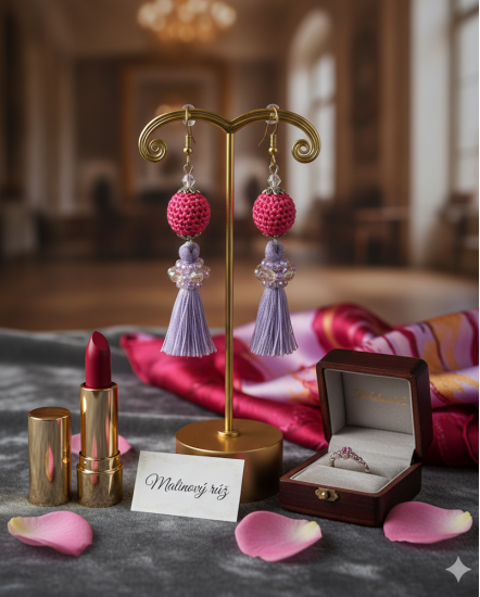 Háčkované dizajnové náušnice "Malinový rúž"